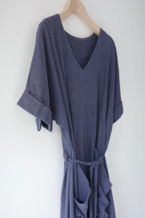 indigo blue linen dress with pockets