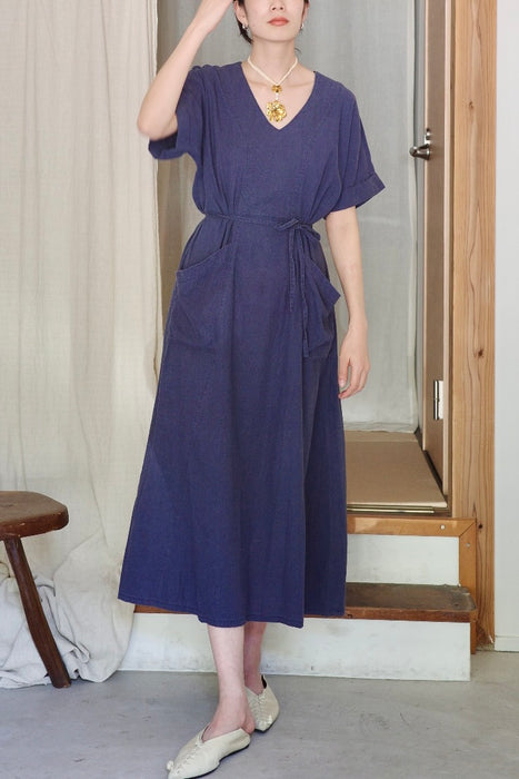 indigo blue linen dress with pockets
