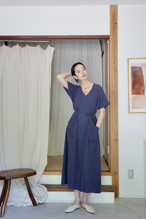 indigo blue linen dress with pockets