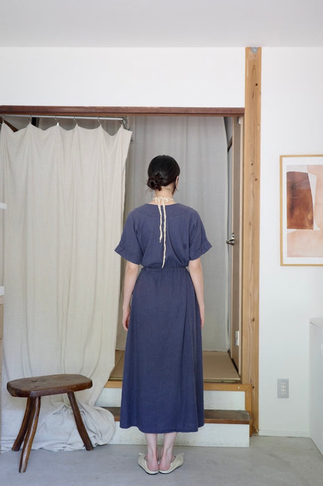 indigo blue linen dress with pockets