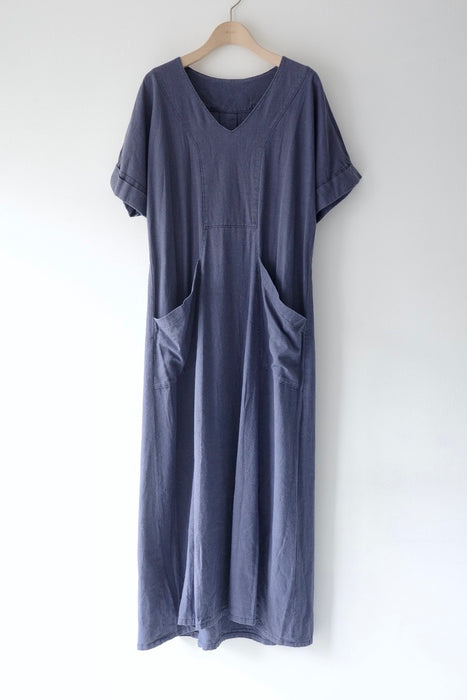indigo blue linen dress with pockets